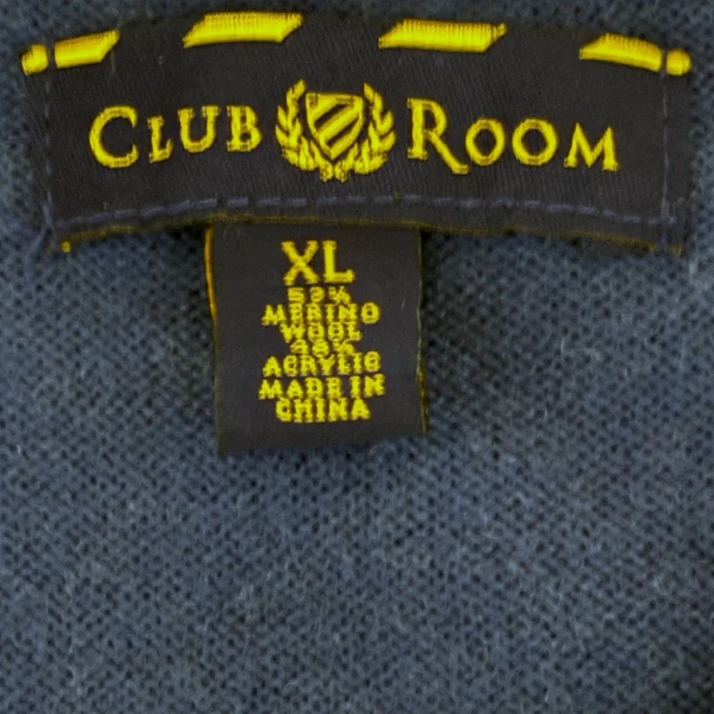Club Room Men's XL V-Neck‎ Argyle Sweater Merino Wool Blend Blue Navy Preppy